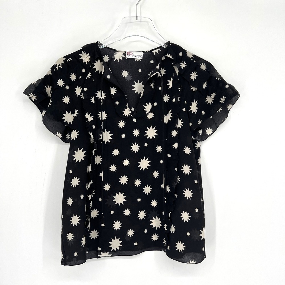 Red Valentino Top Womens‎ XS 38 IT Black Star Ruffle Silk Celestial Feminine